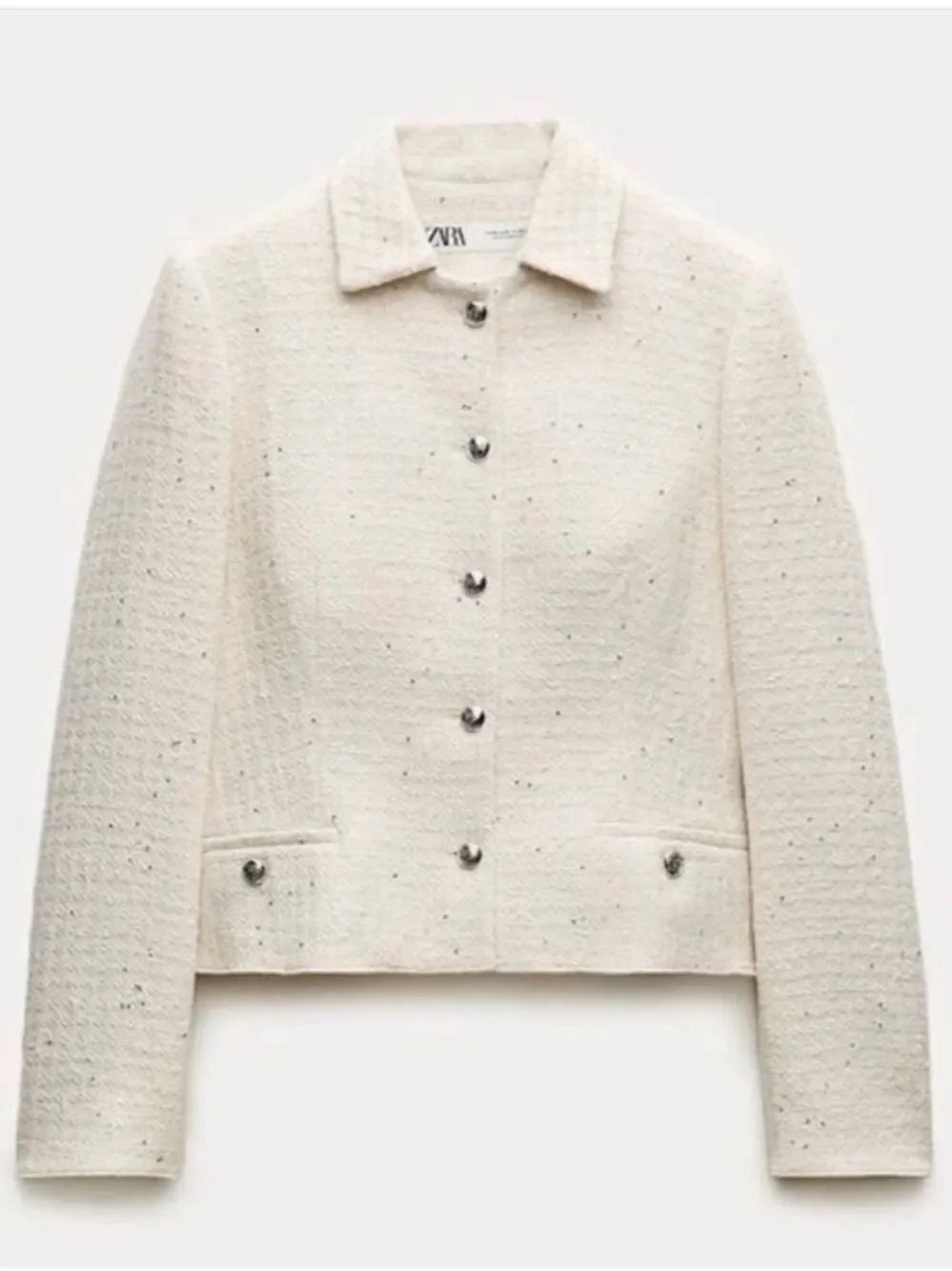 Zara Cream Textured Tweed Button Jacket